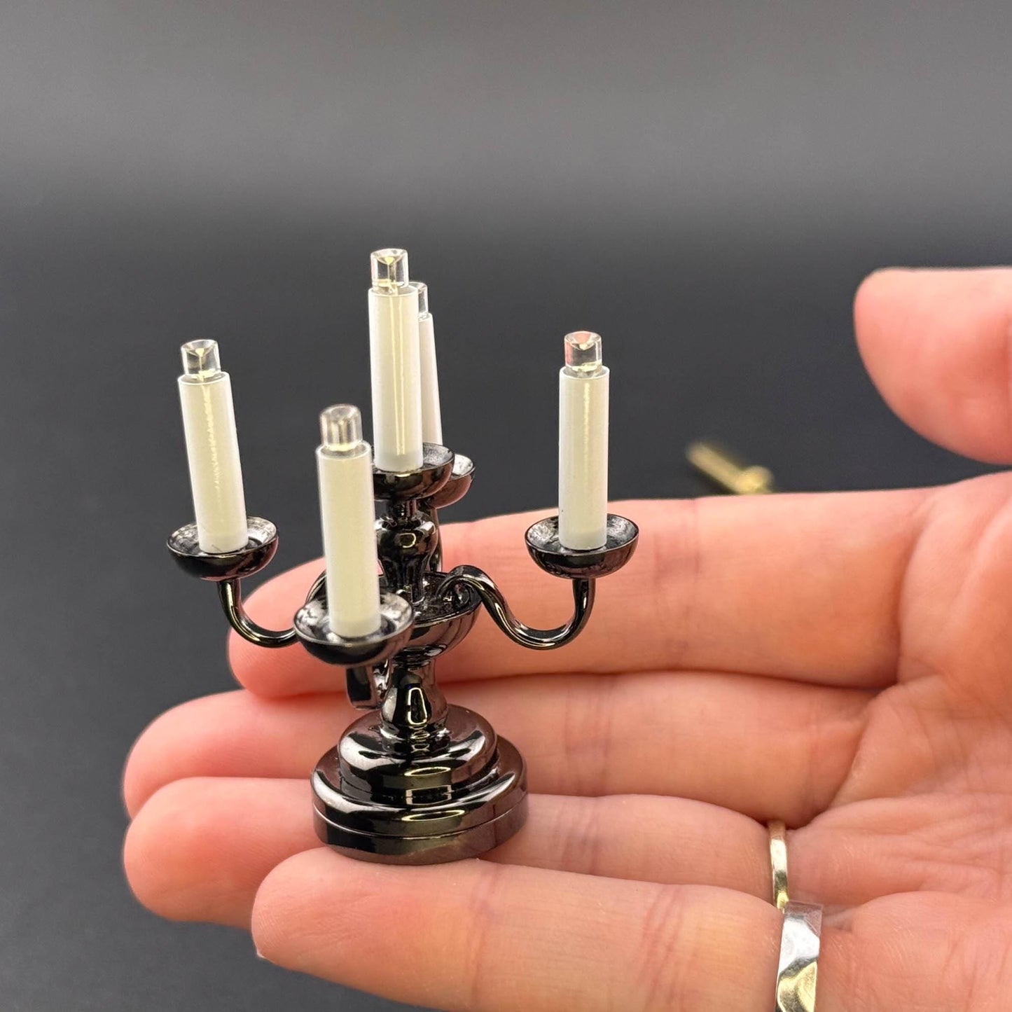 Miniature Touchless operation with Wand 1:12 table lamp LED for Dollhouse No-touch No-Switch Black candelabra with five candles candlestick