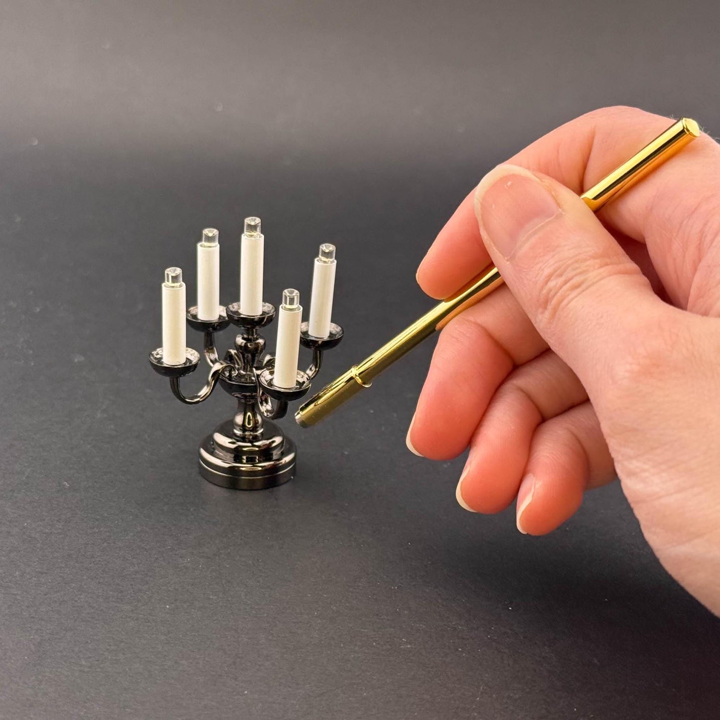 Miniature Touchless operation with Wand 1:12 table lamp LED for Dollhouse No-touch No-Switch Black candelabra with five candles candlestick