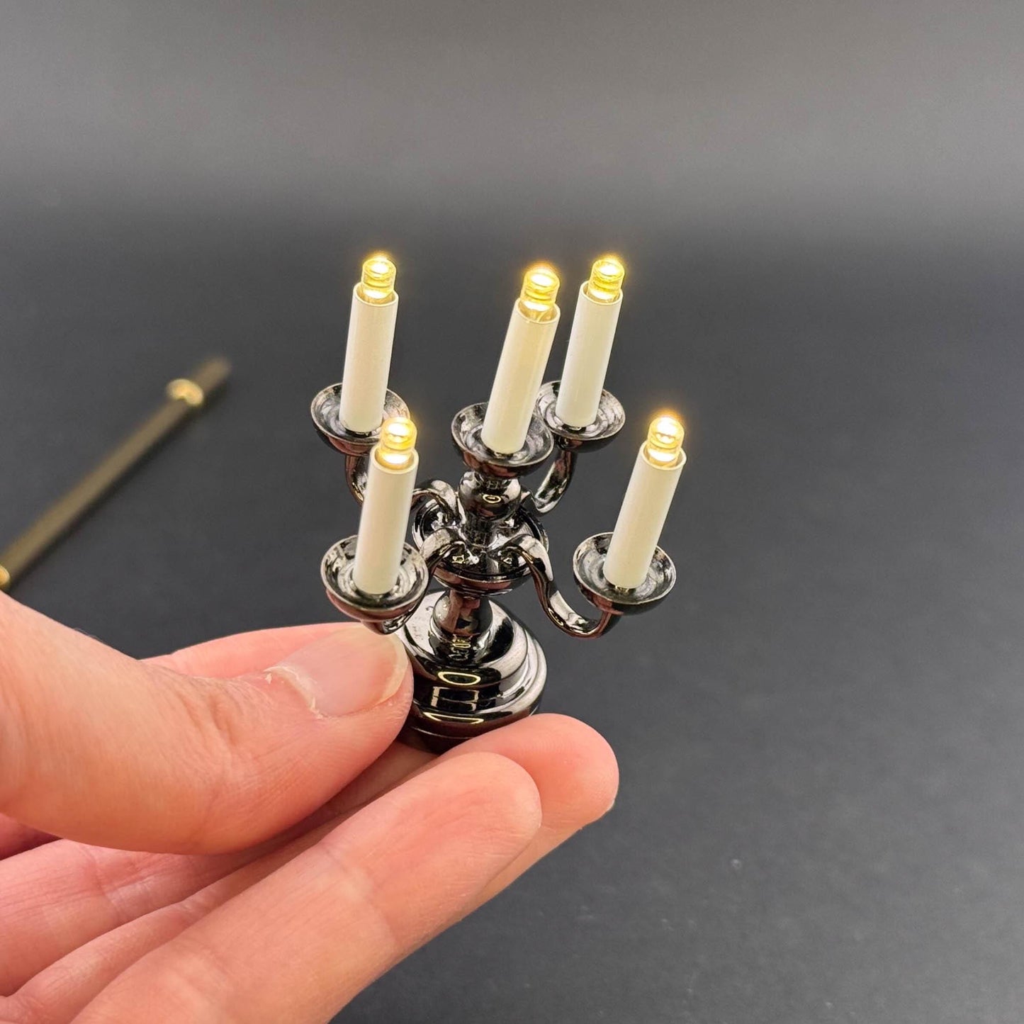 Miniature Touchless operation with Wand 1:12 table lamp LED for Dollhouse No-touch No-Switch Black candelabra with five candles candlestick
