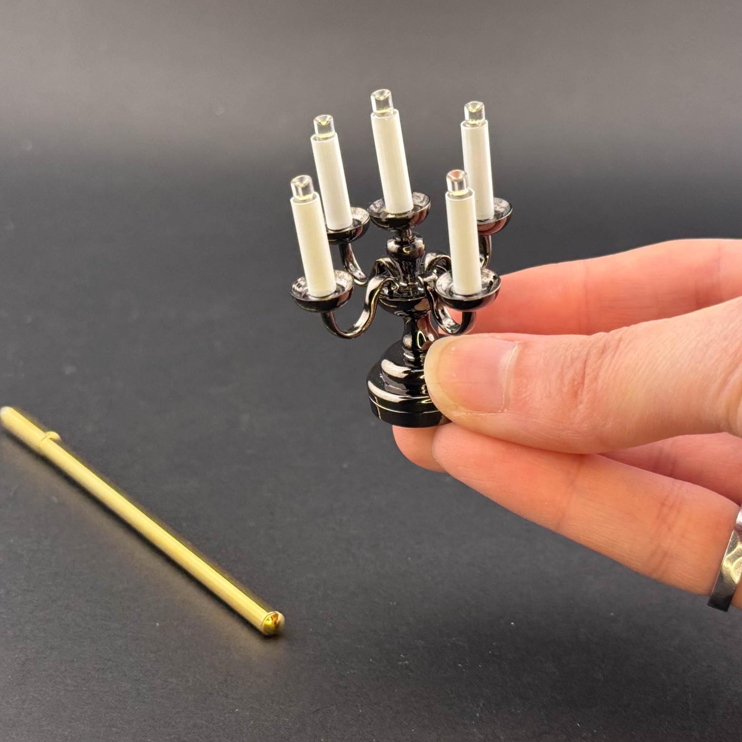 Miniature Touchless operation with Wand 1:12 table lamp LED for Dollhouse No-touch No-Switch Black candelabra with five candles candlestick