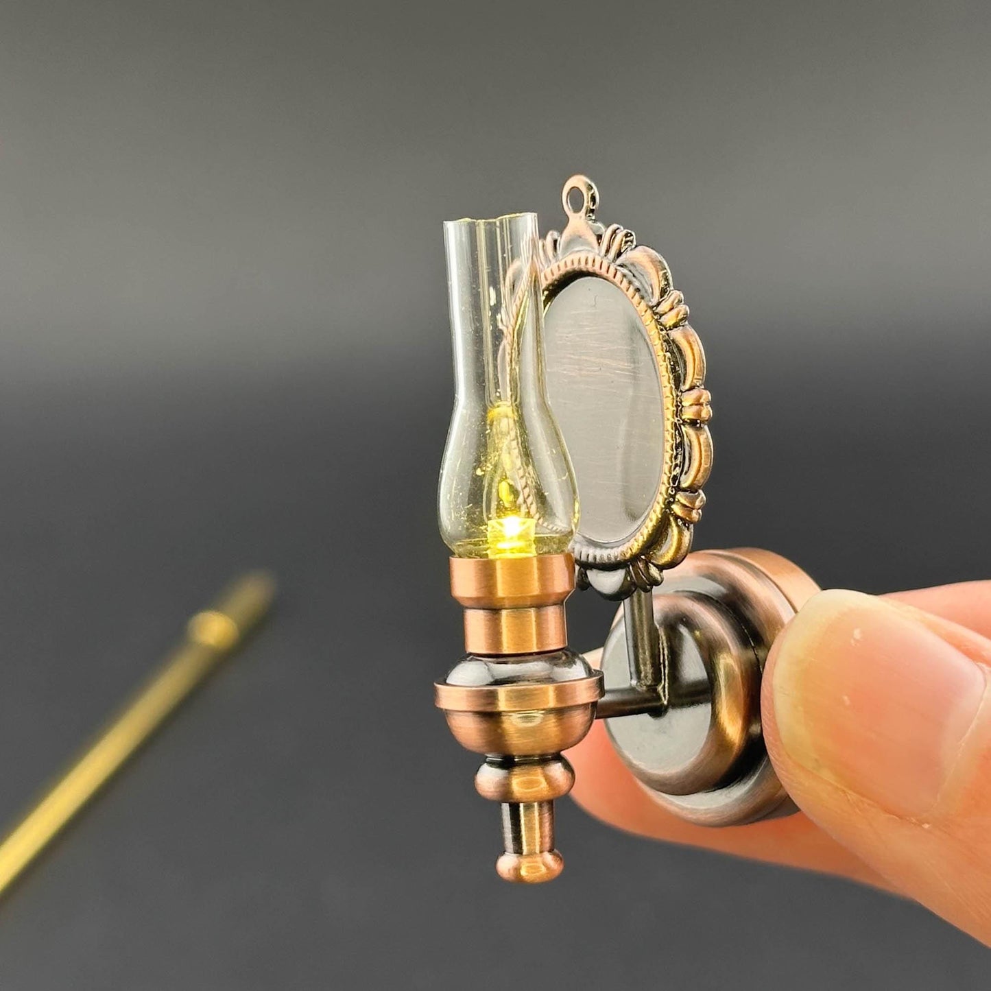 Miniature Touchless operation with Wand 1:12 Fancy Victorian wall sconce oil lamp LED Dollhouse No-touch No-Switch Copper