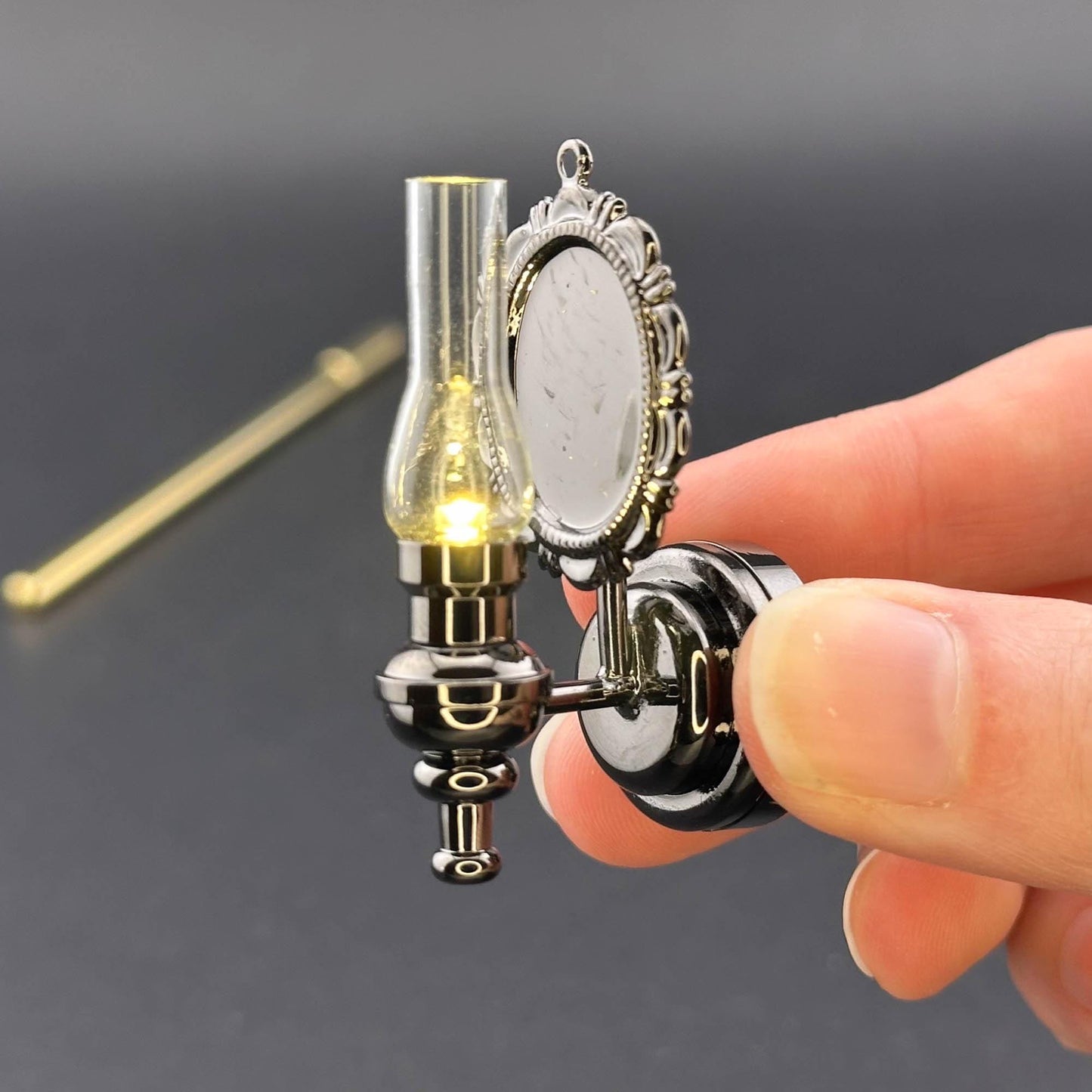 Miniature Touchless operation with Wand 1:12 Fancy Victorian wall sconce oil lamp LED light Dollhouse No-touch No-Switch Gunmetal Black