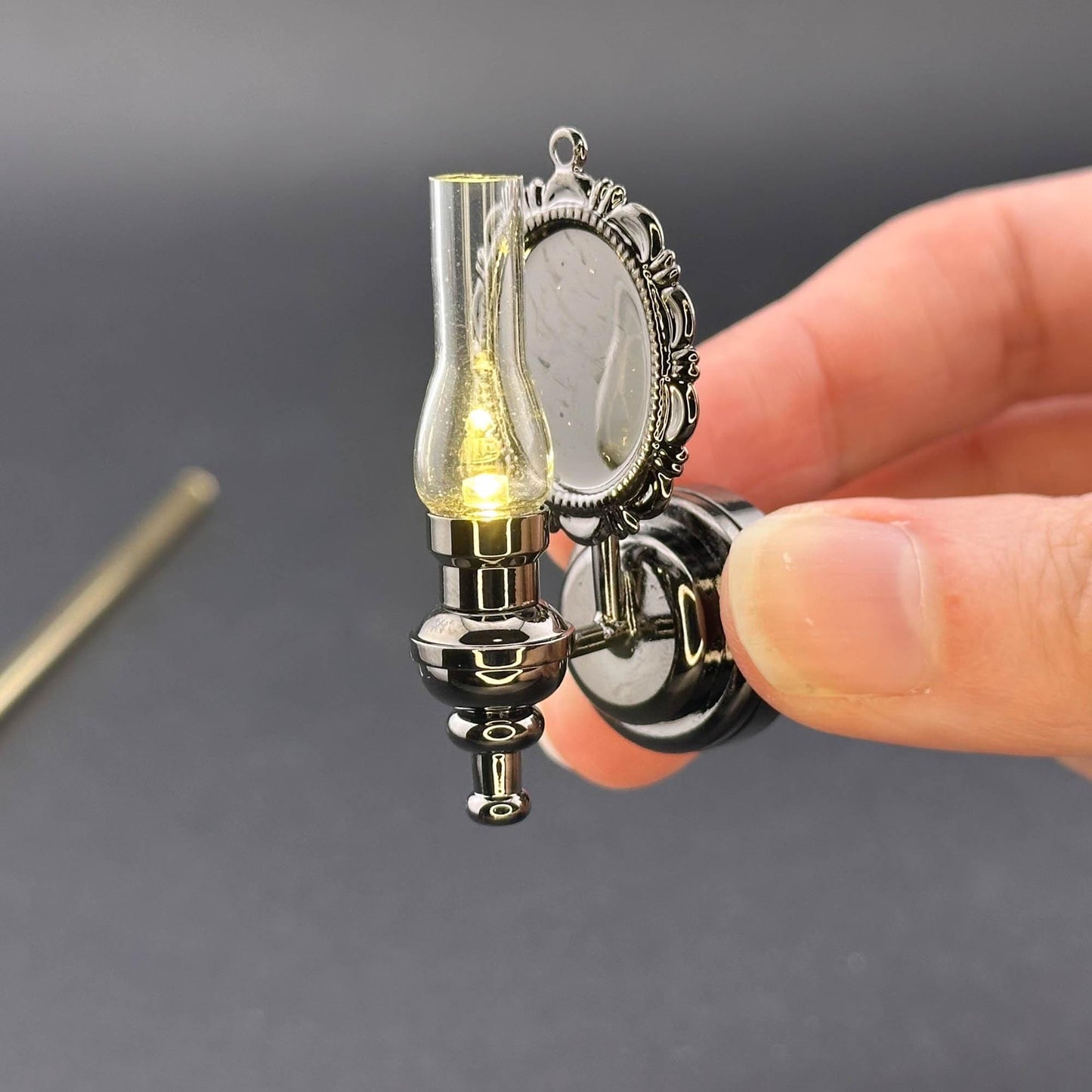 Miniature Touchless operation with Wand 1:12 Fancy Victorian wall sconce oil lamp LED light Dollhouse No-touch No-Switch Gunmetal Black