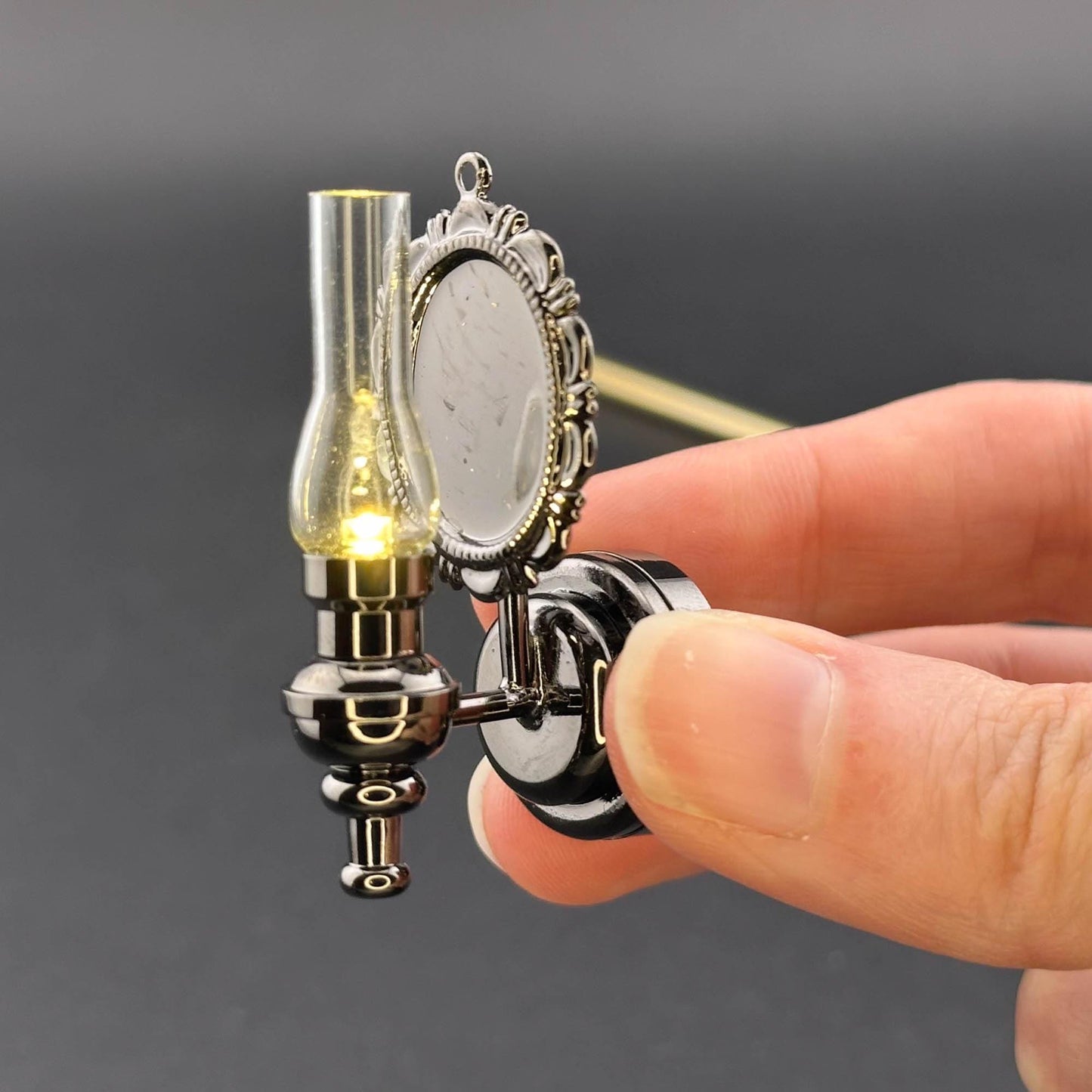 Miniature Touchless operation with Wand 1:12 Fancy Victorian wall sconce oil lamp LED light Dollhouse No-touch No-Switch Gunmetal Black