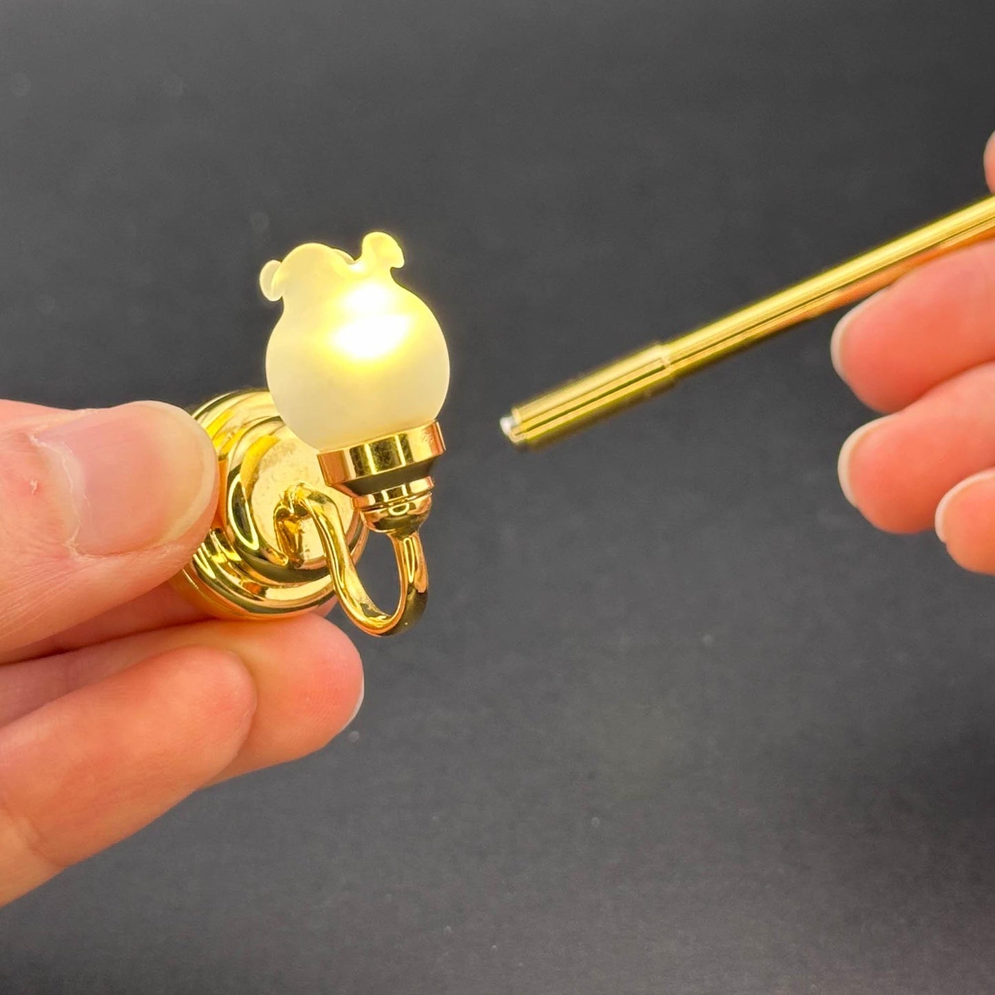 Miniature Touchless operation with Wand 1:12 brass Wall sconce tulip lamp LED light Dollhouse No-touch No-Switch Stick Fairy Magic