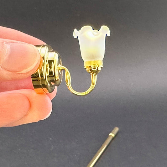 Miniature Touchless operation with Wand 1:12 brass Wall sconce frosted tulip lamp LED light Dollhouse No-touch No-Switch Stick Fairy Magic