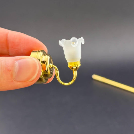 Miniature Touchless operation with Wand 1:12 brass Wall sconce frosted tulip lamp LED light Dollhouse No-touch No-Switch Stick Fairy Magic