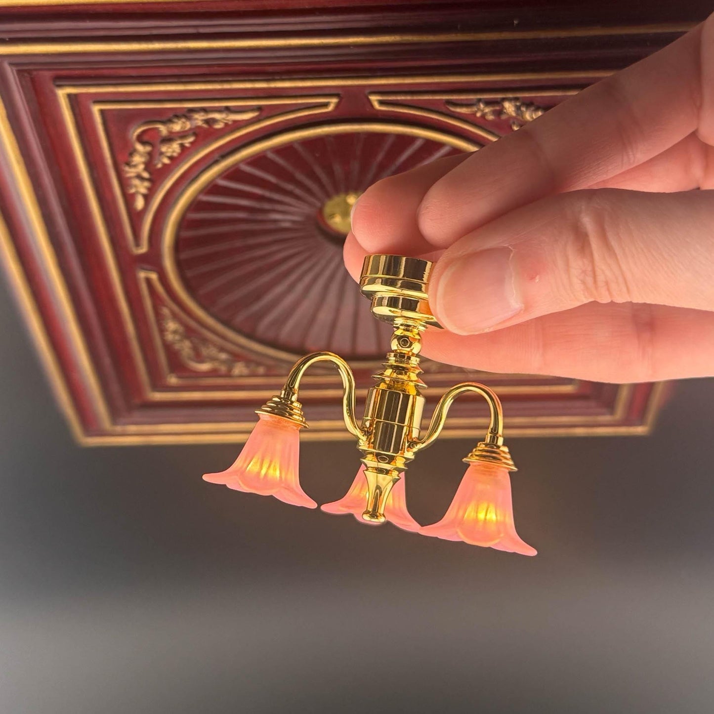 Miniature brass lamp Touchless operation with wand pink down tulips 3-arms chandelier LED light 1:12 scale for dollhouse No-touch No-Switch