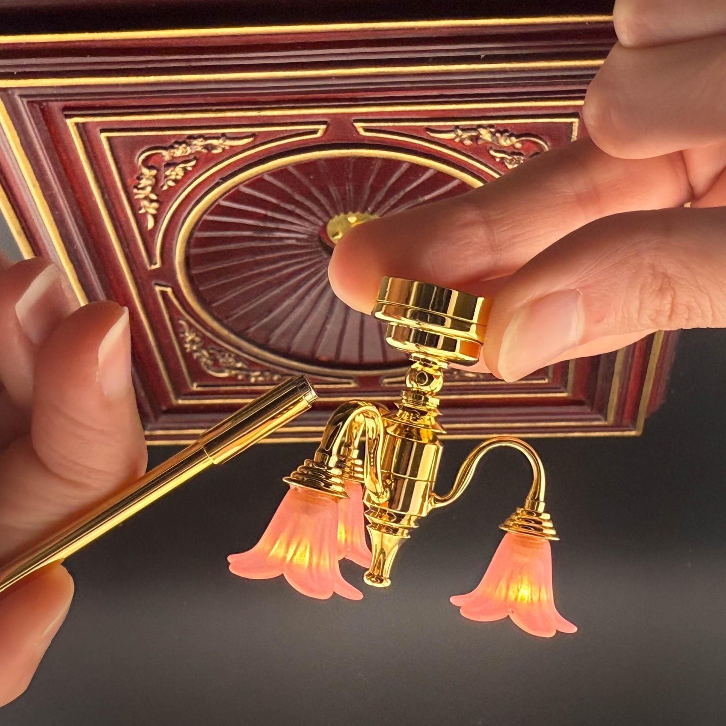 Miniature brass lamp Touchless operation with wand pink down tulips 3-arms chandelier LED light 1:12 scale for dollhouse No-touch No-Switch