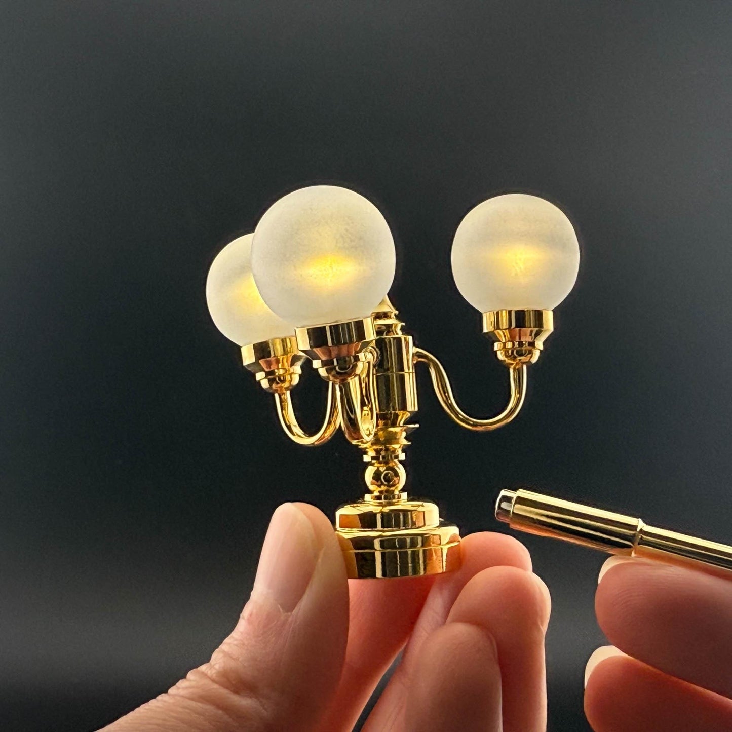 Miniature brass lamp Touchless operation with wand Frosted globe 3-arms chandelier LED light 1:12 scale for dollhouse No-touch No-Switch
