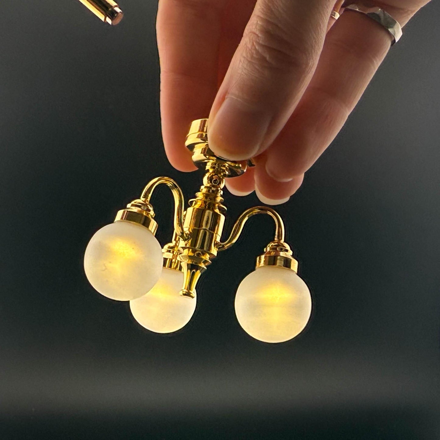 Miniature brass lamp Touchless operation with wand Frosted globe 3-arms chandelier LED light 1:12 scale for dollhouse No-touch No-Switch