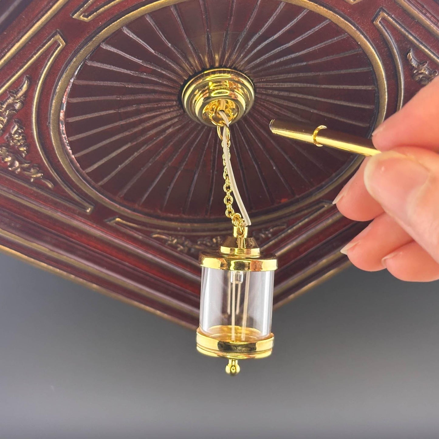 Miniature brass ceiling lamp Touchless operation with wand birdcage LED light 1:12 scale for dollhouse No-touch No-Switch