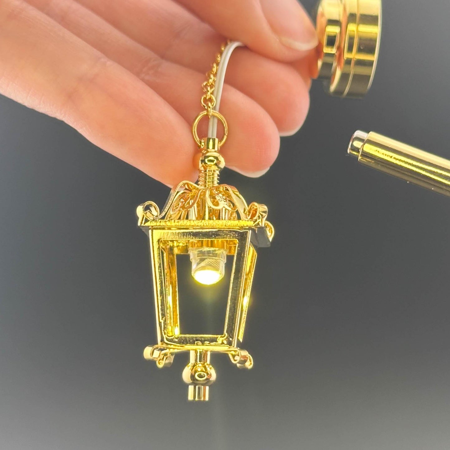 Miniature brass ceiling carriage lamp Touchless operation with wand metal LED light 1:12 scale for dollhouse No-touch No-Switch
