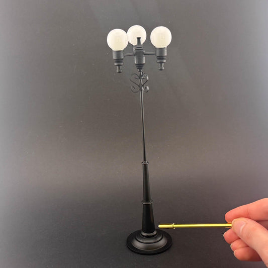 Miniature 8"H  triple globes street LED LAMP Dollhouse light sensor Touchless operation 1:12 matt black with magic magnetic wand- no switch