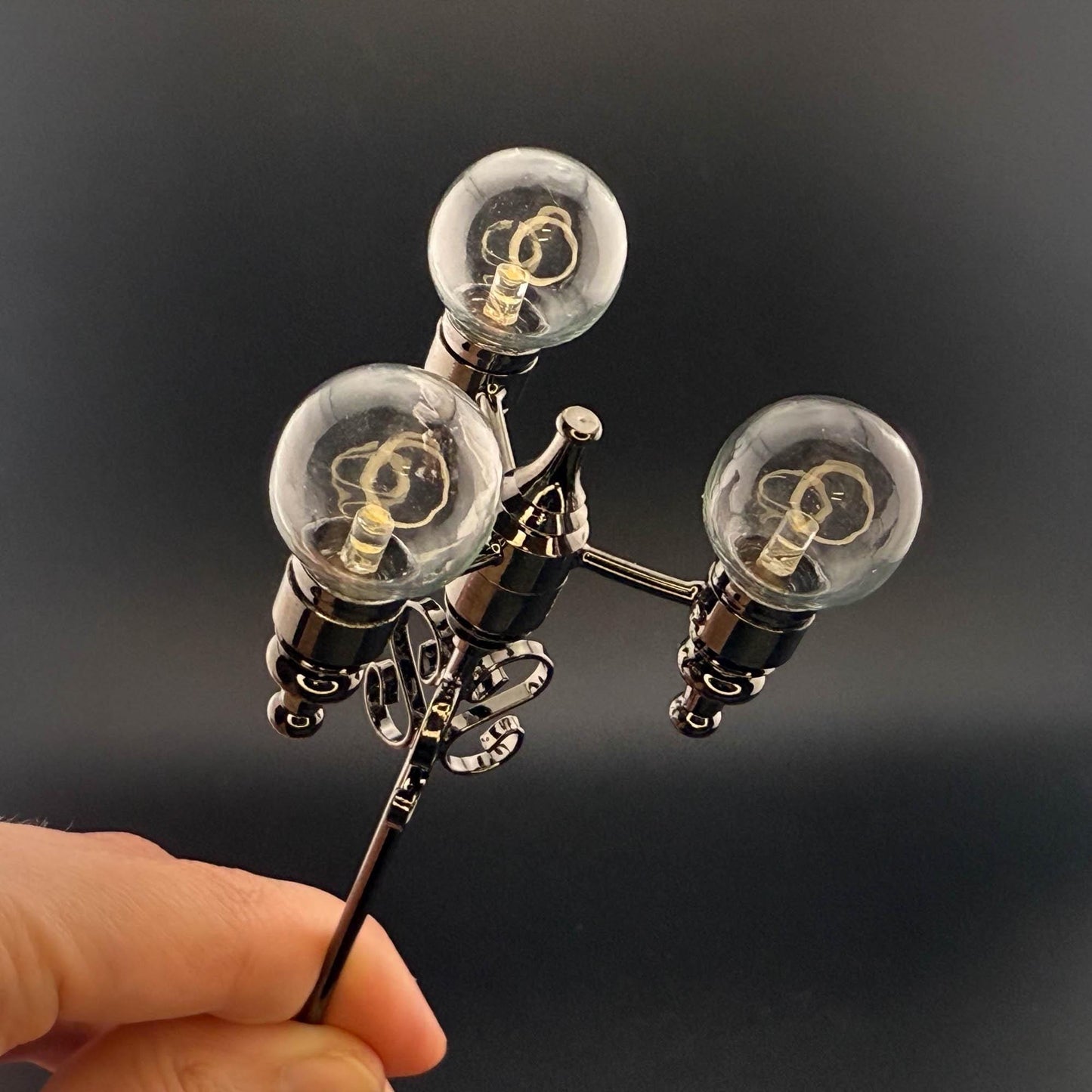 1:12 Scale Miniature Triple Globe LED Street Lamp – 8” H, Gunmetal Black, Touchless Sensor with Wand, Three Clear Glass Globes. dollhouse