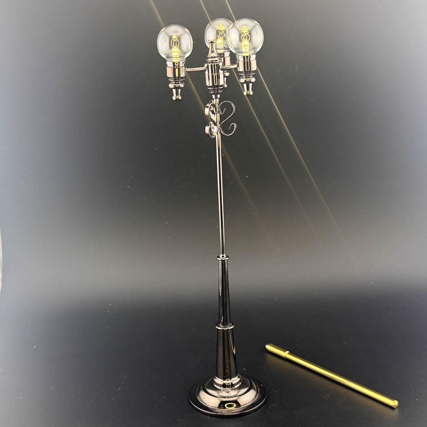 1:12 Scale Miniature Triple Globe LED Street Lamp – 8” H, Gunmetal Black, Touchless Sensor with Wand, Three Clear Glass Globes. dollhouse