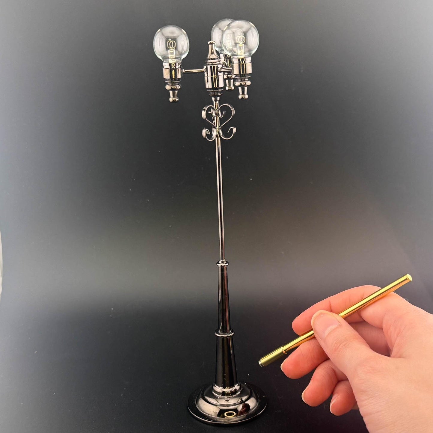 1:12 Scale Miniature Triple Globe LED Street Lamp – 8” H, Gunmetal Black, Touchless Sensor with Wand, Three Clear Glass Globes. dollhouse