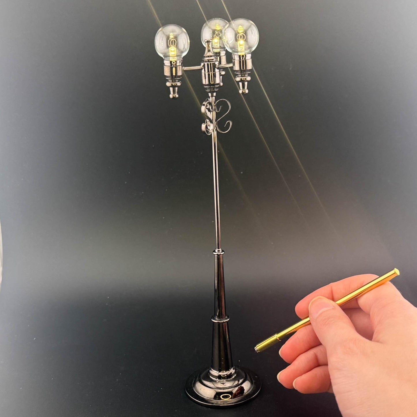 1:12 Scale Miniature Triple Globe LED Street Lamp – 8” H, Gunmetal Black, Touchless Sensor with Wand, Three Clear Glass Globes. dollhouse