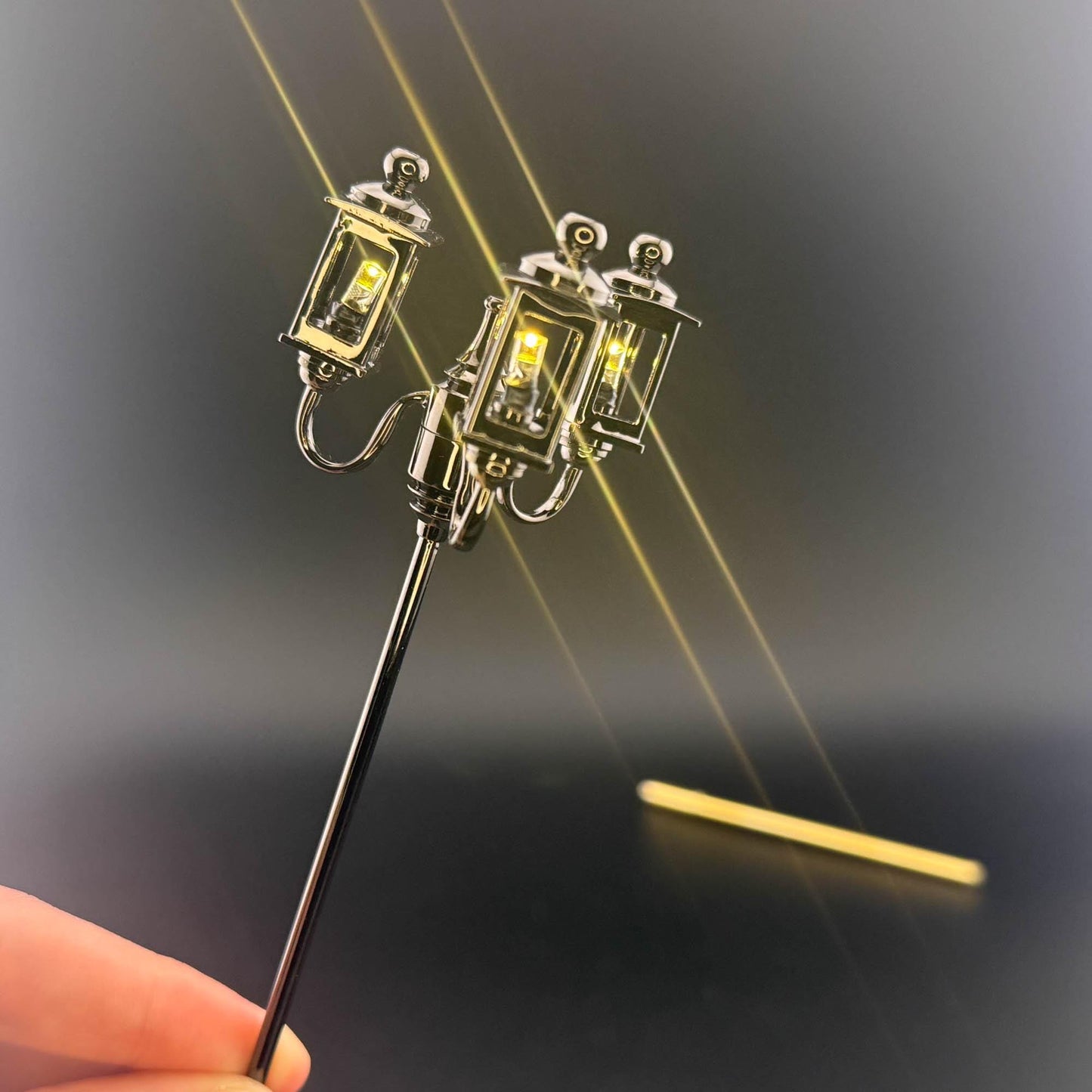 1:12 Scale Miniature Triple 3-Arm Carriage Lamp – 8” H, Gunmetal Black, Touchless Sensor with Wand, garden street light dollhouse