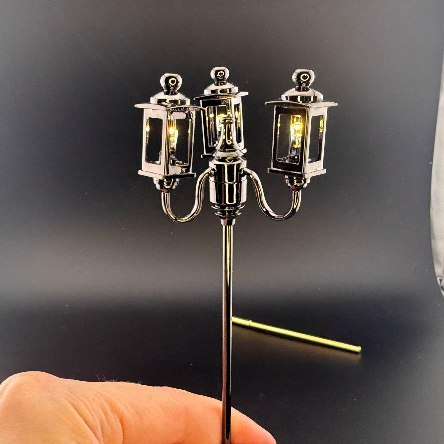1:12 Scale Miniature Triple 3-Arm Carriage Lamp – 8” H, Gunmetal Black, Touchless Sensor with Wand, garden street light dollhouse