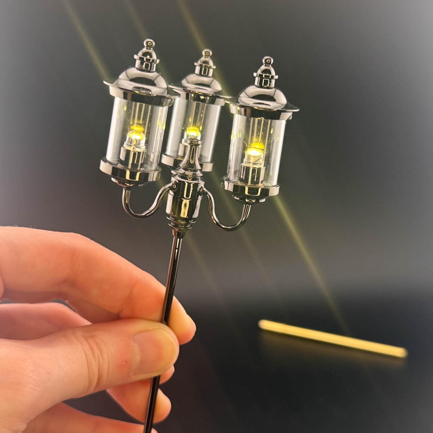 1:12 Scale Miniature Triple 3-Arm birdcage Lamp – 8” H, Gunmetal Black, Touchless Sensor with Wand, garden street light dollhouse