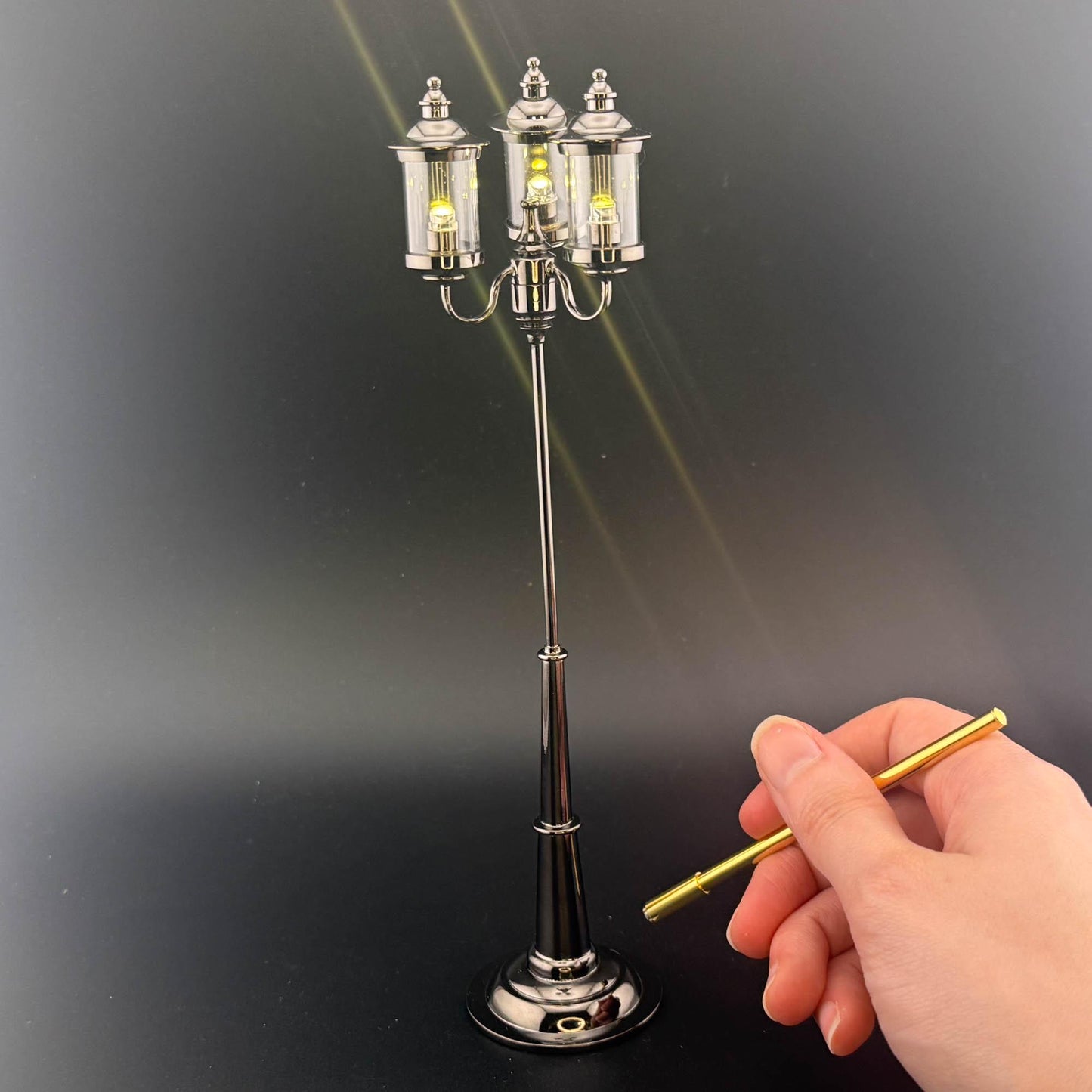 1:12 Scale Miniature Triple 3-Arm birdcage Lamp – 8” H, Gunmetal Black, Touchless Sensor with Wand, garden street light dollhouse