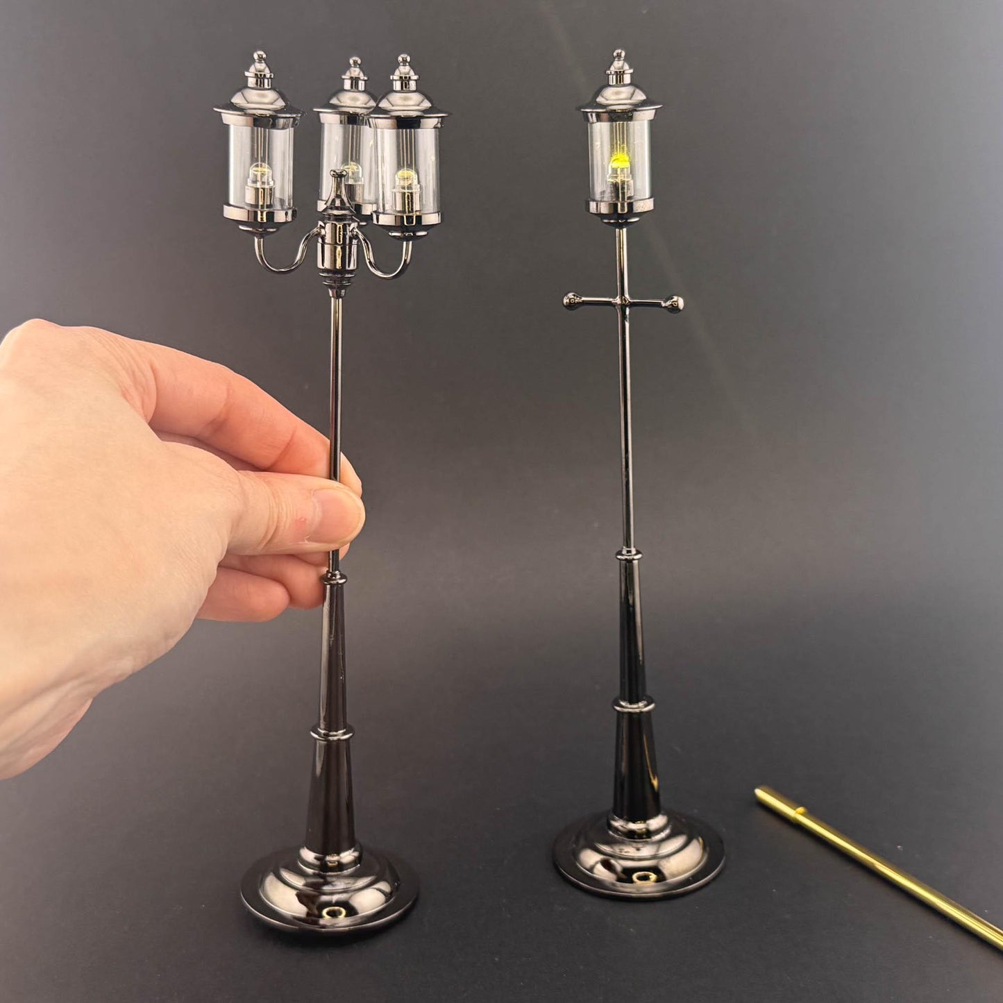 1:12 Scale Miniature birdcage Lamp – 8” H, Gunmetal Black, Touchless Sensor with Wand, garden street light dollhouse