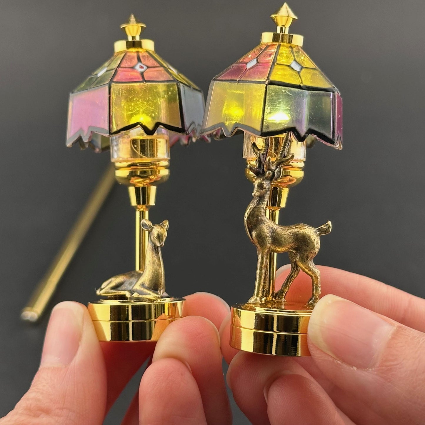 Romantic His and Hers miniature Pair of Dollhouse Lamps Touchless operation with Wand bedroom LED 1:12 Tiffany light Stag, Doe Tiffany deer