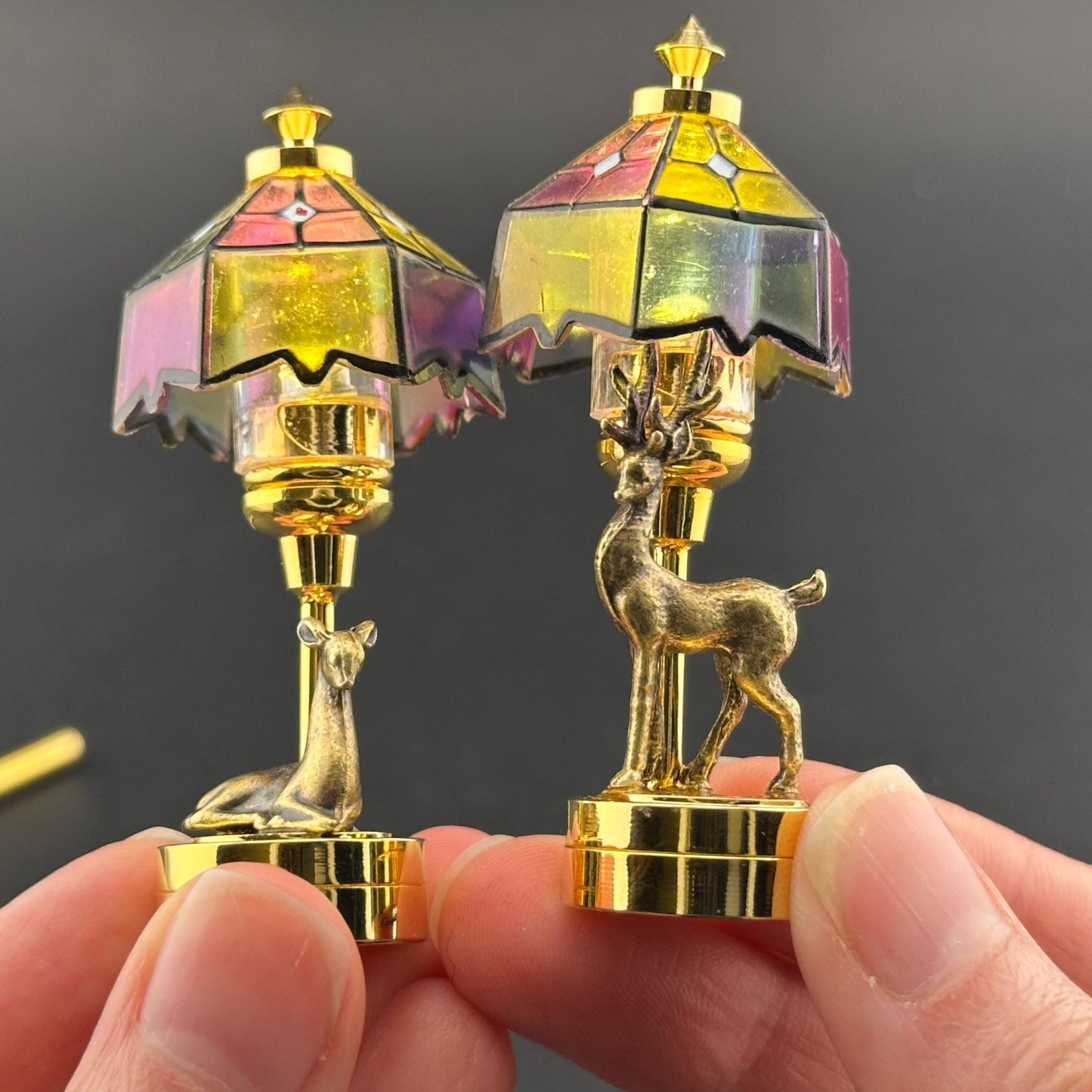 Romantic His and Hers miniature Pair of Dollhouse Lamps Touchless operation with Wand bedroom LED 1:12 Tiffany light Stag, Doe Tiffany deer