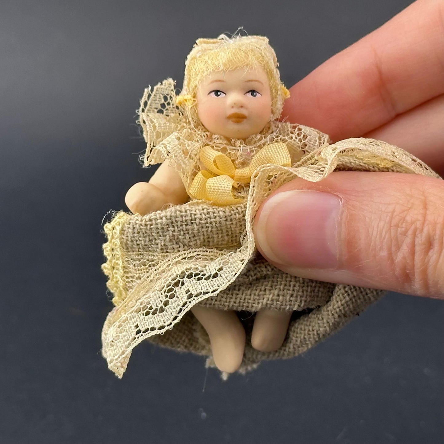 Miniature Baby Doll in beige Christening Gown – 1:12 Scale Porcelain Baptism Baby Movable Limbs