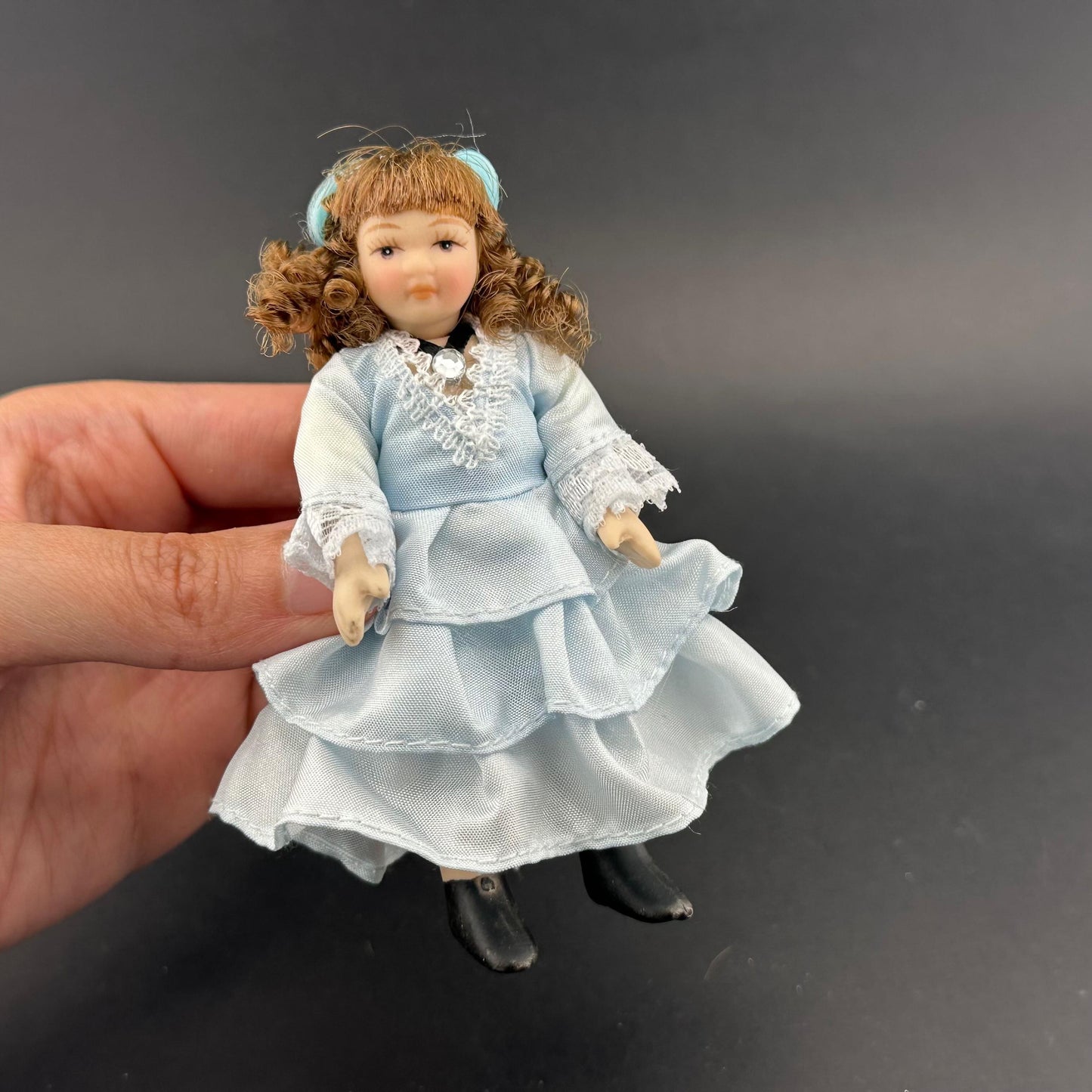 1:12 Scale Porcelain Doll – Victorian Girl in Blue Dress 4” Miniature Dollhouse Doll