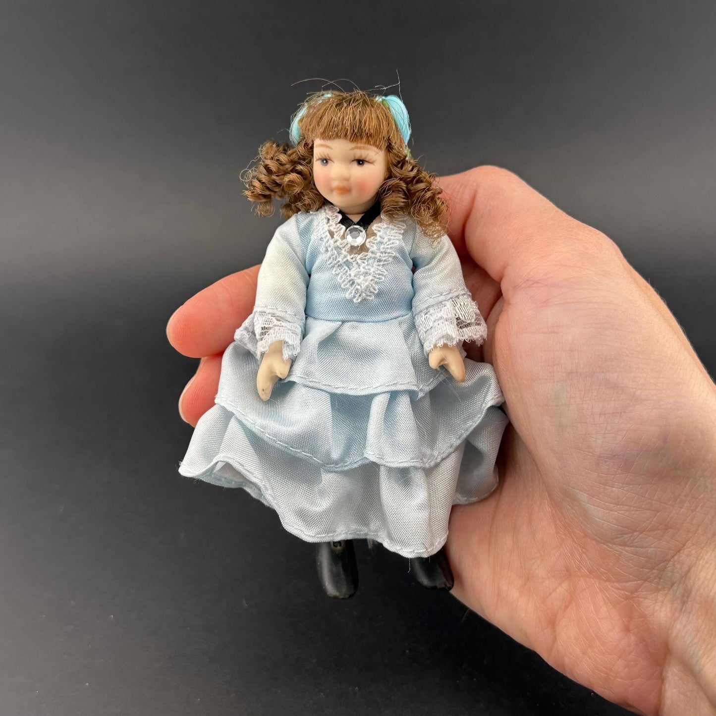 1:12 Scale Porcelain Doll – Victorian Girl in Blue Dress 4” Miniature Dollhouse Doll
