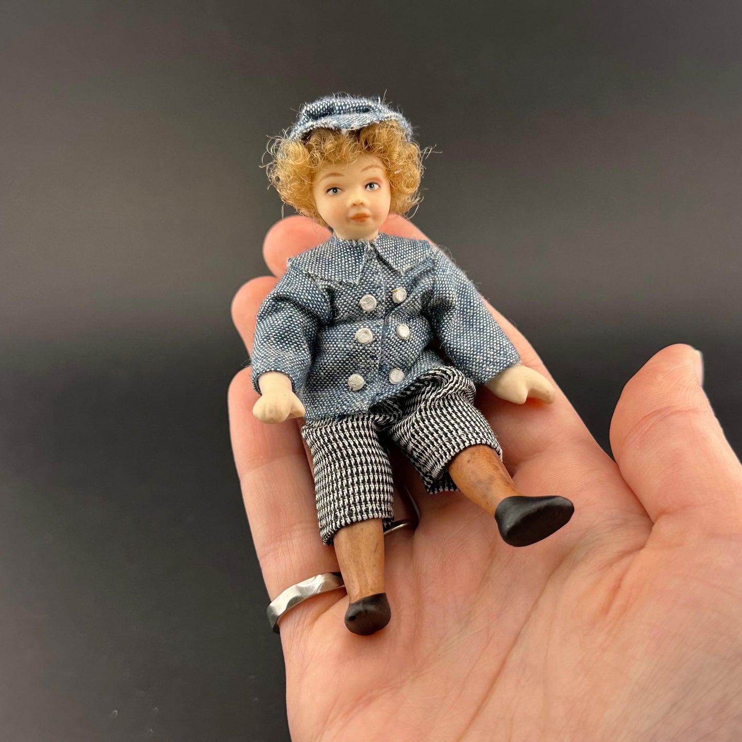 1:12 Scale Porcelain Boy Doll – Handmade Dollhouse Miniature Figurine in Denim Shirt