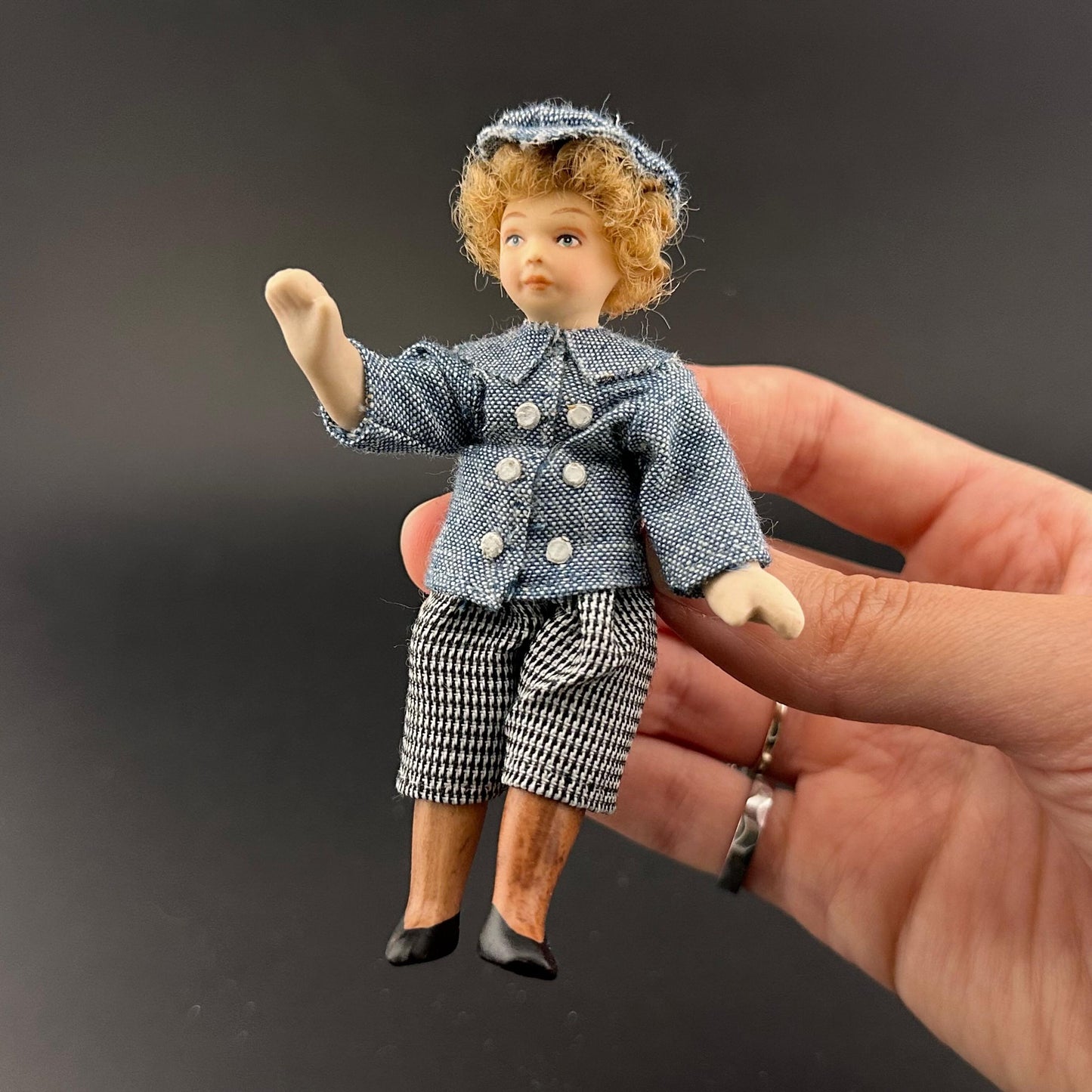 1:12 Scale Porcelain Boy Doll – Handmade Dollhouse Miniature Figurine in Denim Shirt