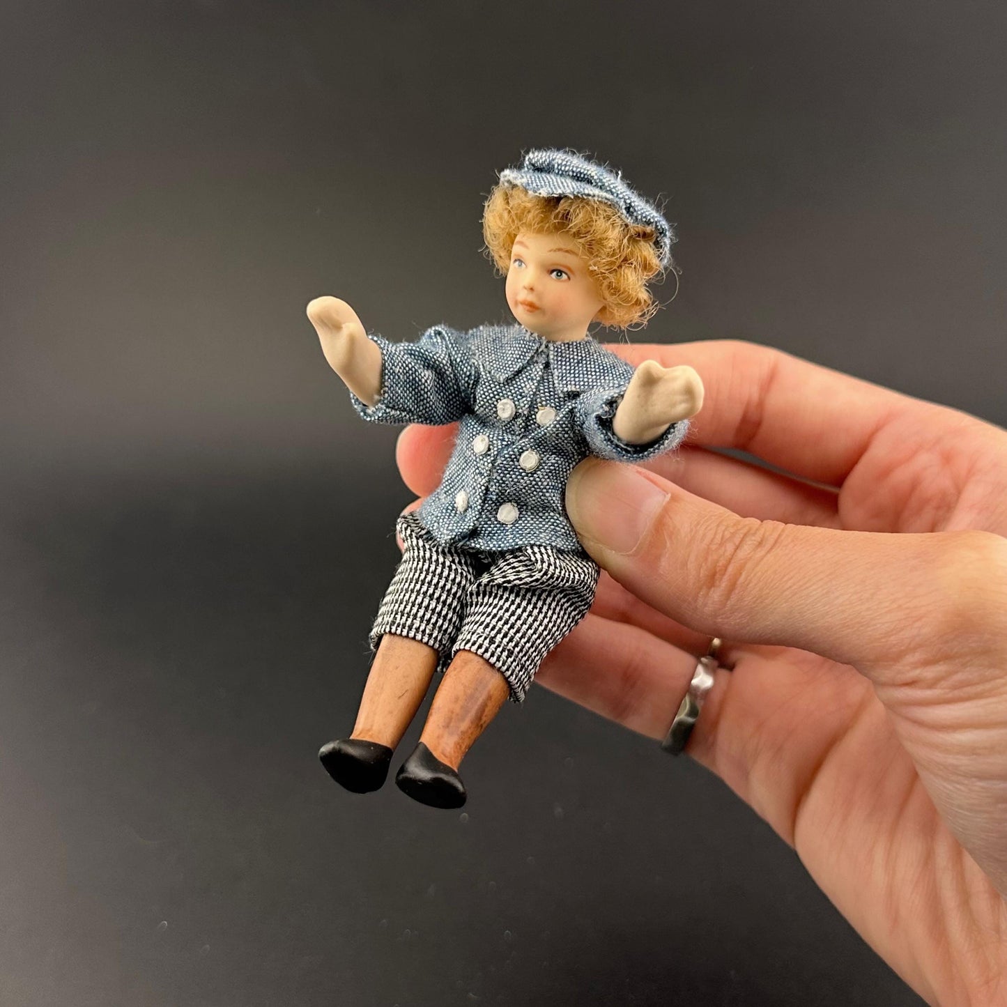 1:12 Scale Porcelain Boy Doll – Handmade Dollhouse Miniature Figurine in Denim Shirt