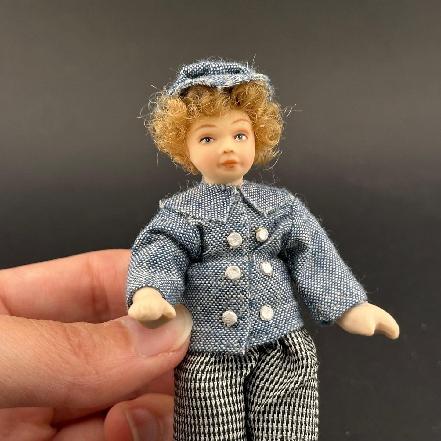 1:12 Scale Porcelain Boy Doll – Handmade Dollhouse Miniature Figurine in Denim Shirt