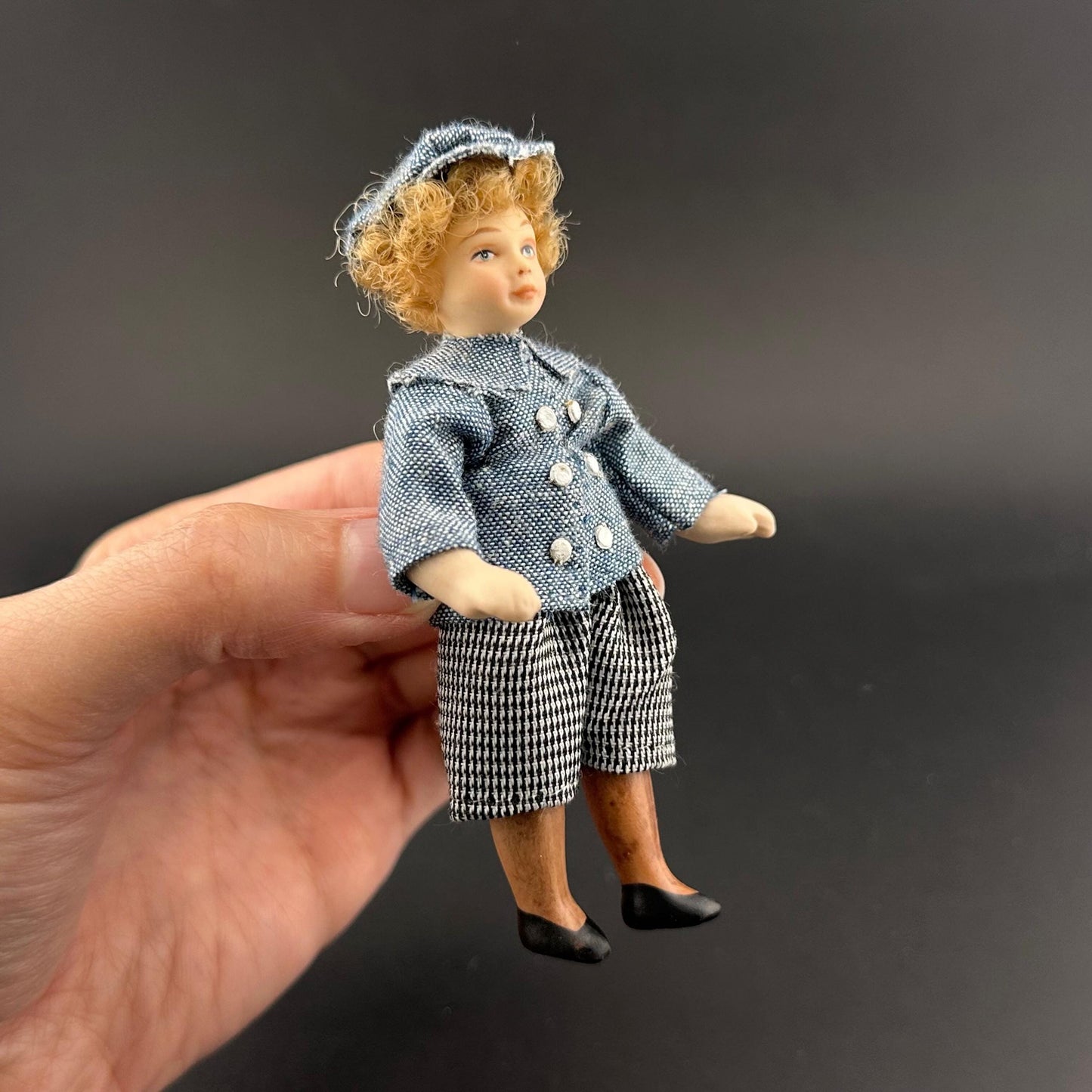1:12 Scale Porcelain Boy Doll – Handmade Dollhouse Miniature Figurine in Denim Shirt