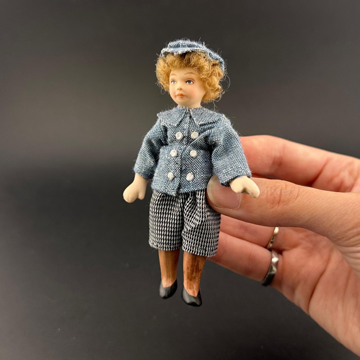1:12 Scale Porcelain Boy Doll – Handmade Dollhouse Miniature Figurine in Denim Shirt