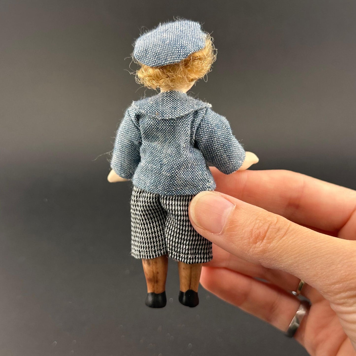 1:12 Scale Porcelain Boy Doll – Handmade Dollhouse Miniature Figurine in Denim Shirt