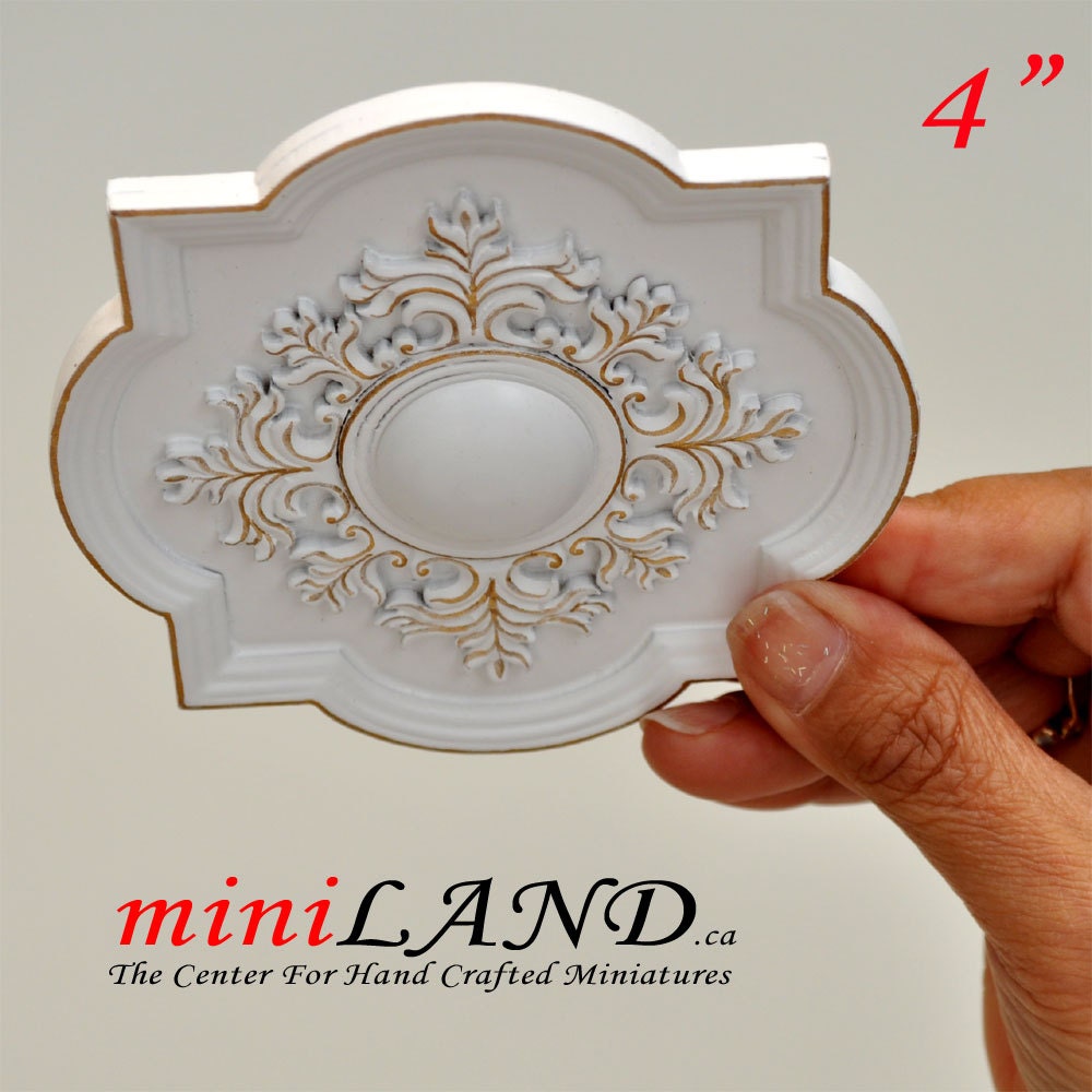 Small white 4" Decorated Royal ceiling panel dollhouse miniature 1:12 ceiling medallion wood decoration
