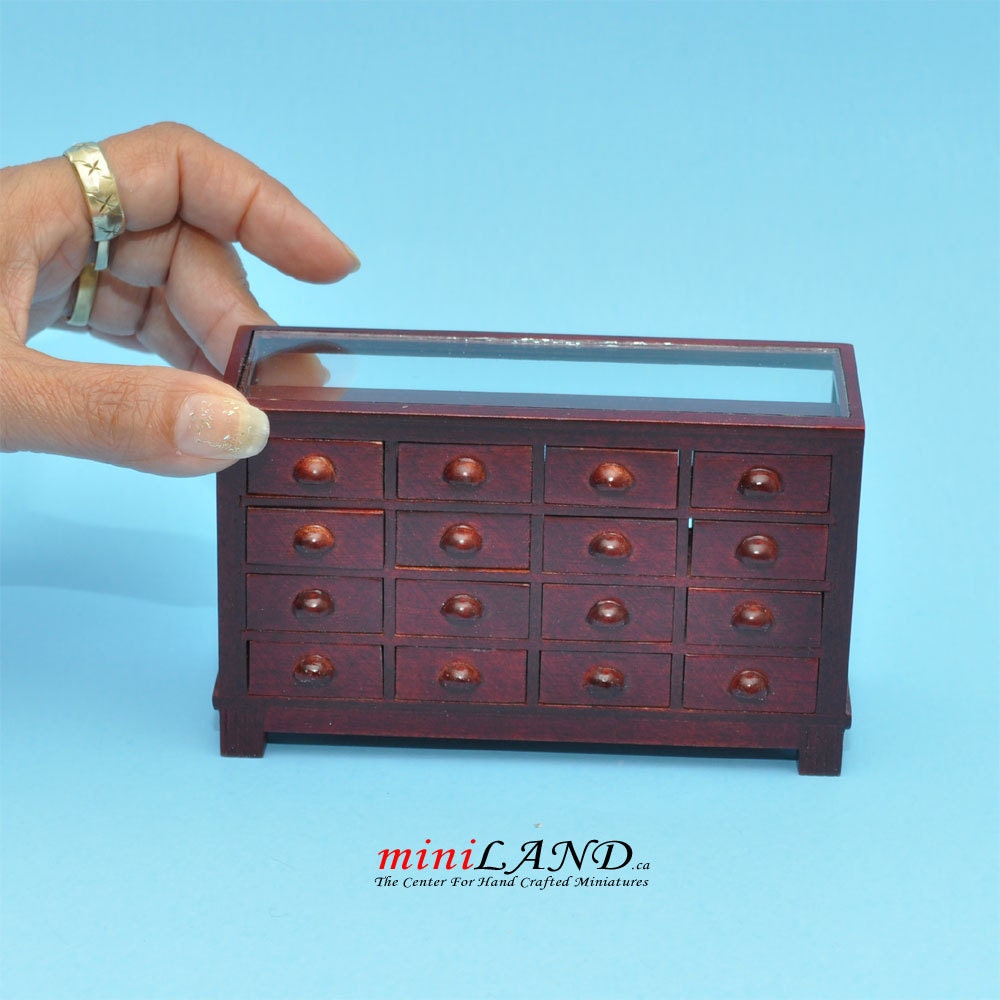 Mahogany Store haberdasher counter 16 drawers unit Art Deco dollhouse miniature 1:12 scale 1900-1950 V4031