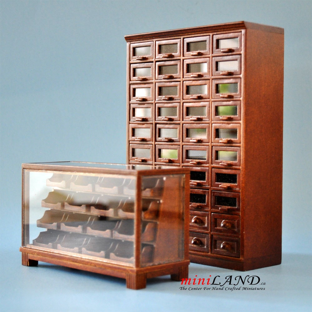Store haberdasher counter 40 drawers unit Art Deco dollhouse miniature 1:12 scale walnut 1900-1950 V4033