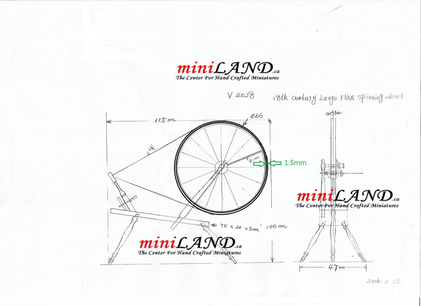Miniature 18th Century Large Walking Wool Spinning Wheel, dollhouse 1:12 scale GO flax V4028