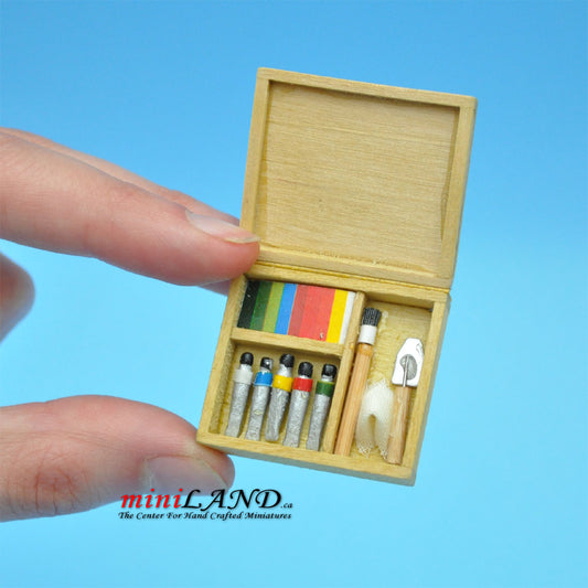 Coffret de peinture d'artiste avec pinceaux et peinture pour maison de poupée miniature à l'échelle 1:12