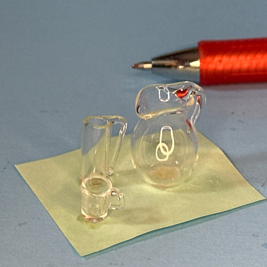 1:12 Scale Miniature Clear Glass Pitcher with Two Cups for Dollhouses