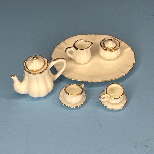 1:12 Scale Miniature Porcelain Coffee Set with Gold Trim – 10 Pieces