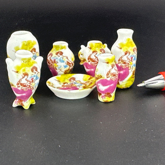 Dollhouse Miniature 1:12 Scale – Set of 6 Decorative Vases with Plate