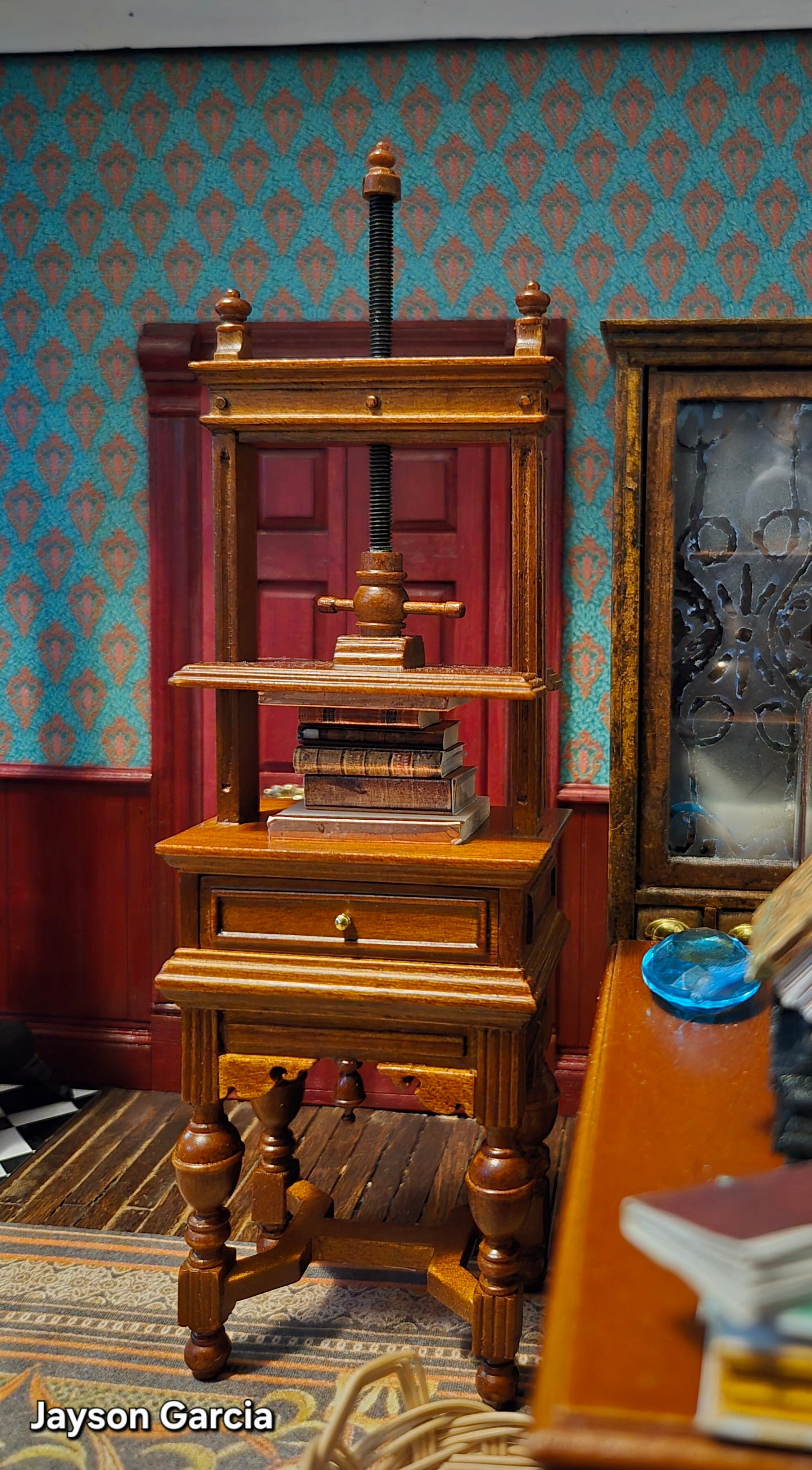 Miniature bookbinding press / blanket press in 1:12 scale  walnut wood with metal screw  books press