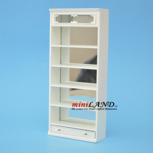 Miniature White Wooden Shelf Unit with Mirror Back and Drawer – 1:12 Scale for Dollhouses and Shops