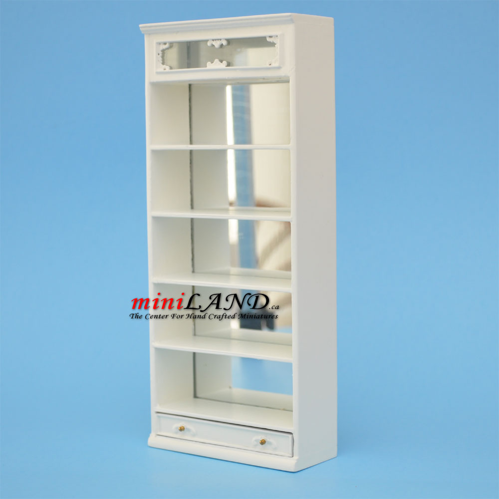 Miniature White Wooden Shelf Unit with Mirror Back and Drawer – 1:12 Scale for Dollhouses and Shops